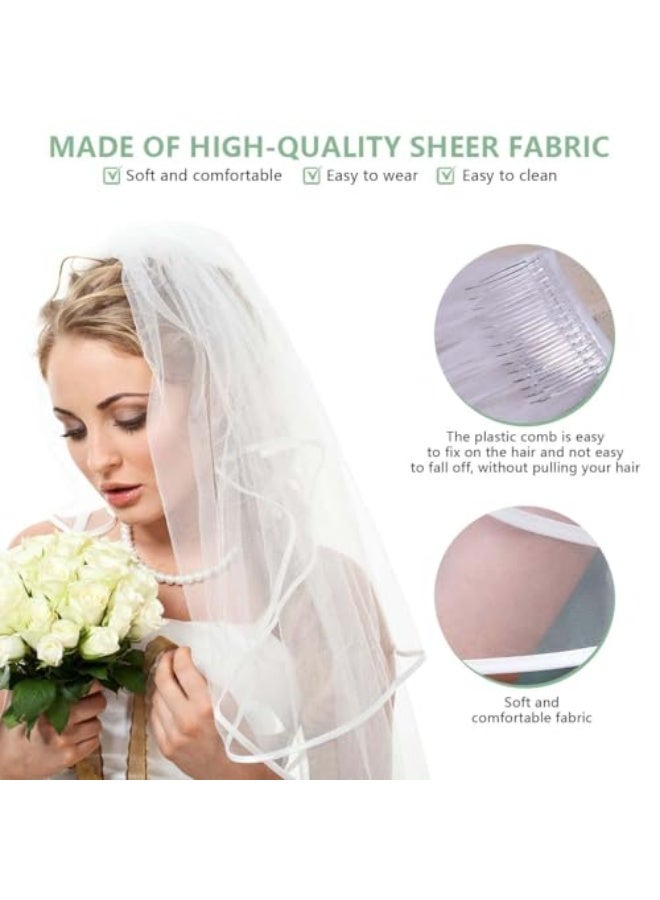 HPMY White Bridal Veil 2 Tier Double Ribbon Edge Wedding Veil with Comb for Bridal Wedding Bachelorette Party Accessories Everyday Wear - Image 4