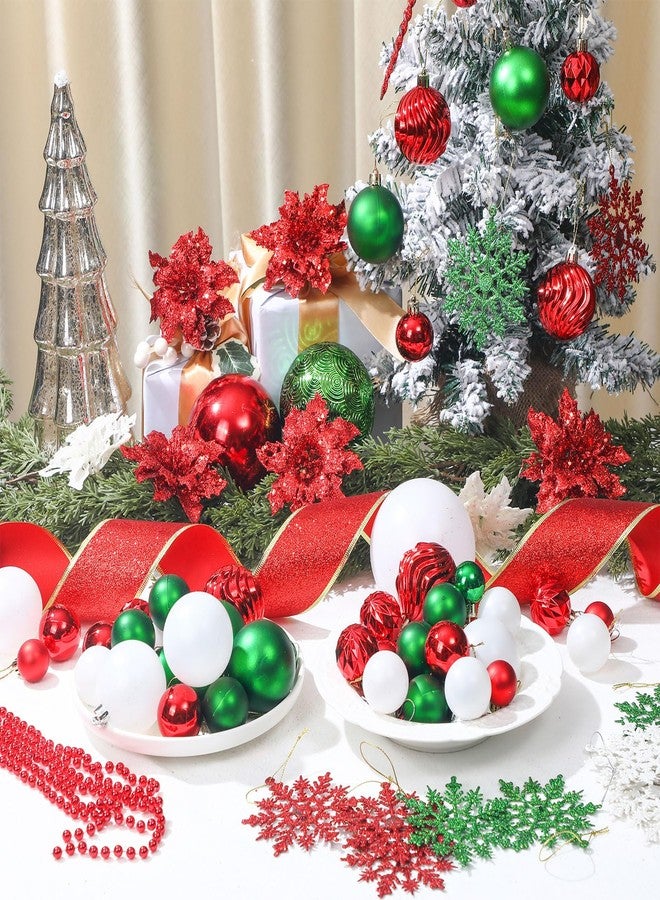 Vercraft 104 Pcs Christmas Tree Decorations Set, Shatterproof Christmas Ball Ornaments Poinsettia Decorations Ribbon Tree Topper for Xmas Holiday Wedding Party(Red Green White) - Image 5