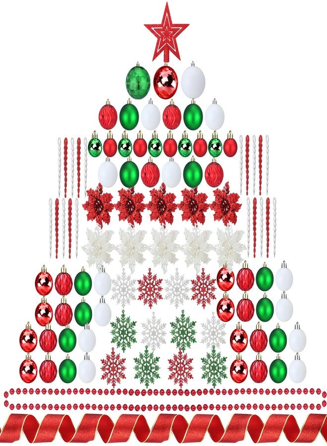 Vercraft 104 Pcs Christmas Tree Decorations Set, Shatterproof Christmas Ball Ornaments Poinsettia Decorations Ribbon Tree Topper for Xmas Holiday Wedding Party(Red Green White) - Image 1