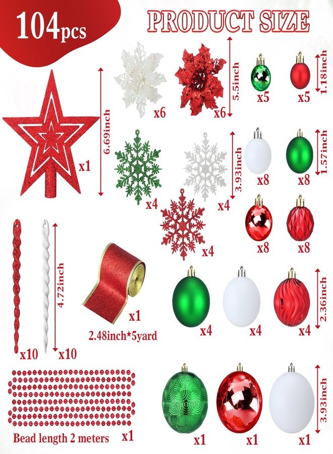 Vercraft 104 Pcs Christmas Tree Decorations Set, Shatterproof Christmas Ball Ornaments Poinsettia Decorations Ribbon Tree Topper for Xmas Holiday Wedding Party(Red Green White) - Image 2