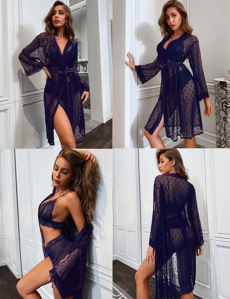 RSLOVE Sexy Lingerie Robe Set for Women 3 Piece Lace Kimono with Bra and Panty Sheer Sleepwear Navy Blue L - Image 2
