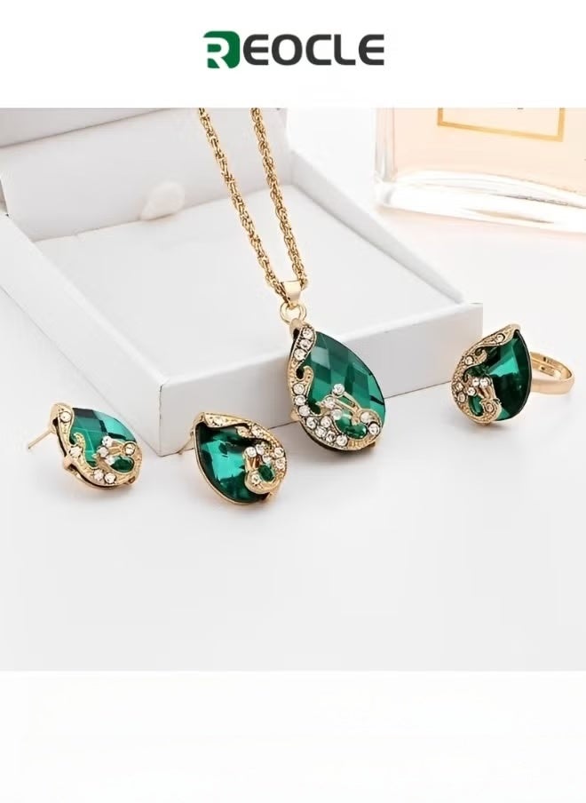 REOCLE 3 Pieces Women's Elegant Necklace Set Peacock Waterdrop Rhinestone Pendant Necklace & Crystal Peacock Pattern Earrings & Peacock Pattern Ring Jewelry  - Image 1