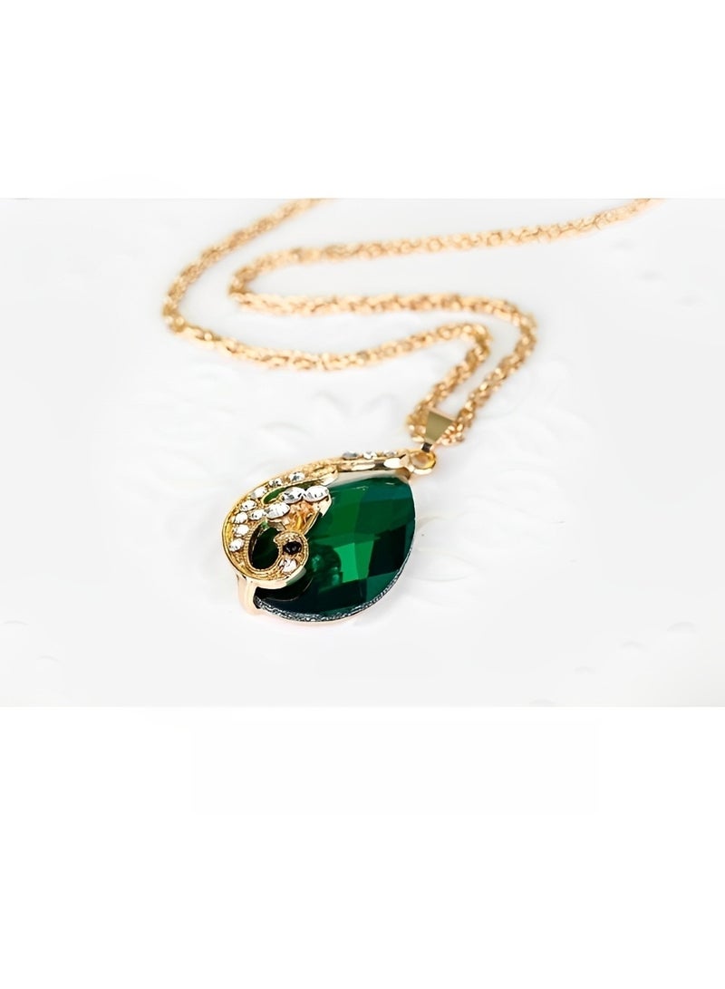 REOCLE 3 Pieces Women's Elegant Necklace Set Peacock Waterdrop Rhinestone Pendant Necklace & Crystal Peacock Pattern Earrings & Peacock Pattern Ring Jewelry  - Image 4