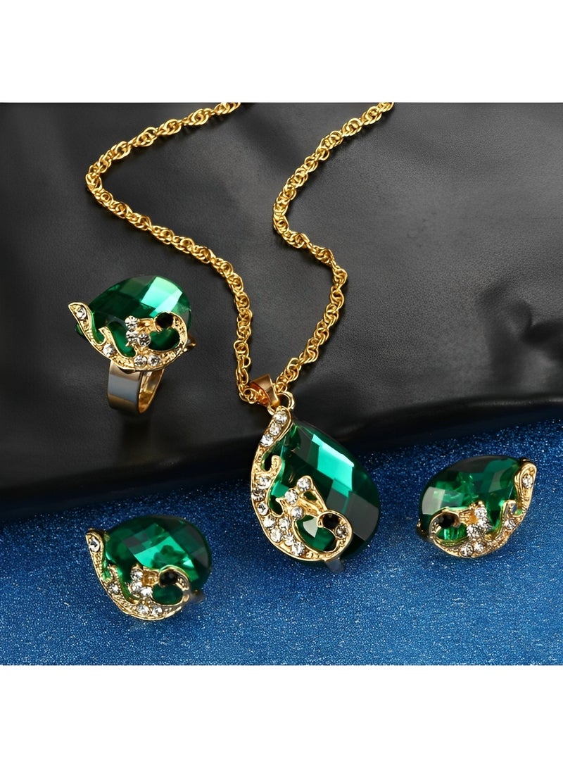 REOCLE 3 Pieces Women's Elegant Necklace Set Peacock Waterdrop Rhinestone Pendant Necklace & Crystal Peacock Pattern Earrings & Peacock Pattern Ring Jewelry  - Image 5