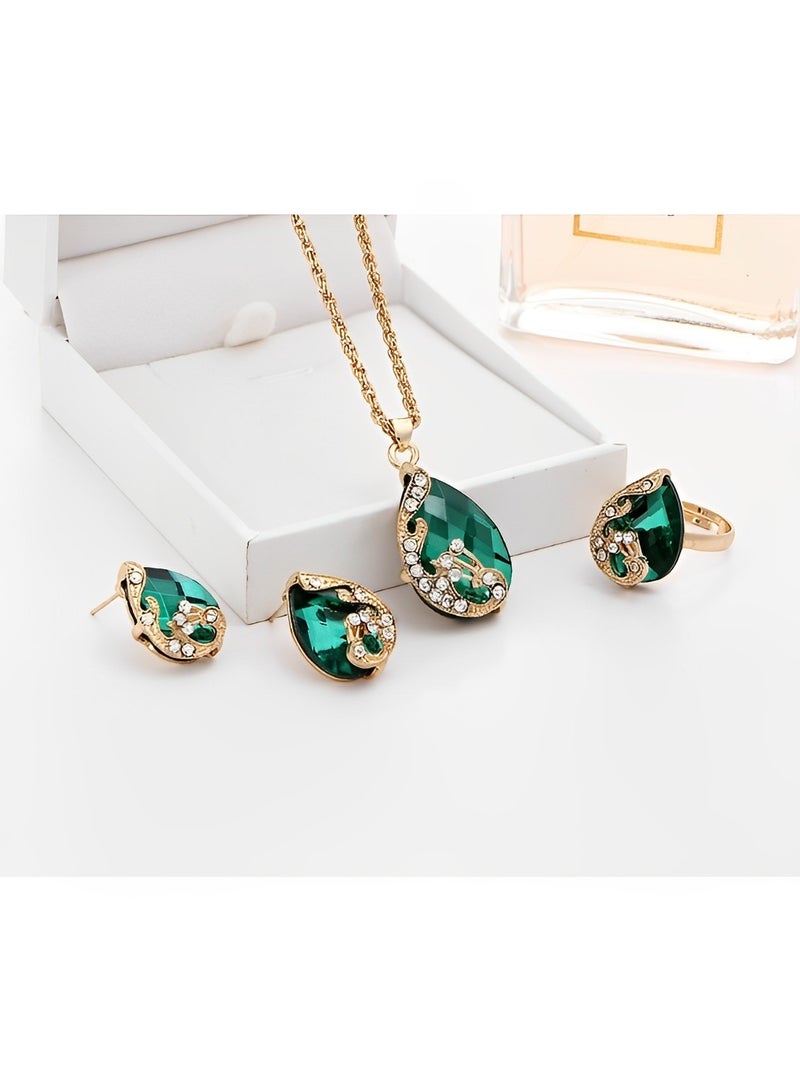REOCLE 3 Pieces Women's Elegant Necklace Set Peacock Waterdrop Rhinestone Pendant Necklace & Crystal Peacock Pattern Earrings & Peacock Pattern Ring Jewelry  - Image 2