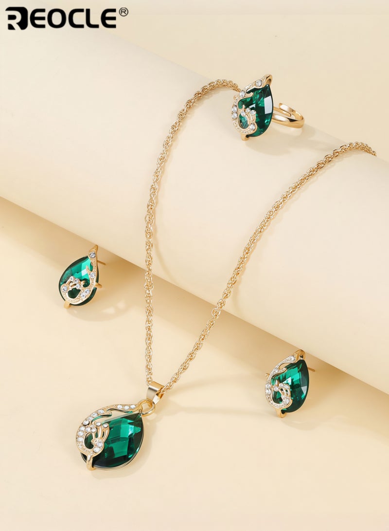 REOCLE 3 Pieces Women's Elegant Necklace Set Peacock Waterdrop Rhinestone Pendant Necklace & Crystal Peacock Pattern Earrings & Peacock Pattern Ring Jewelry - Image 3