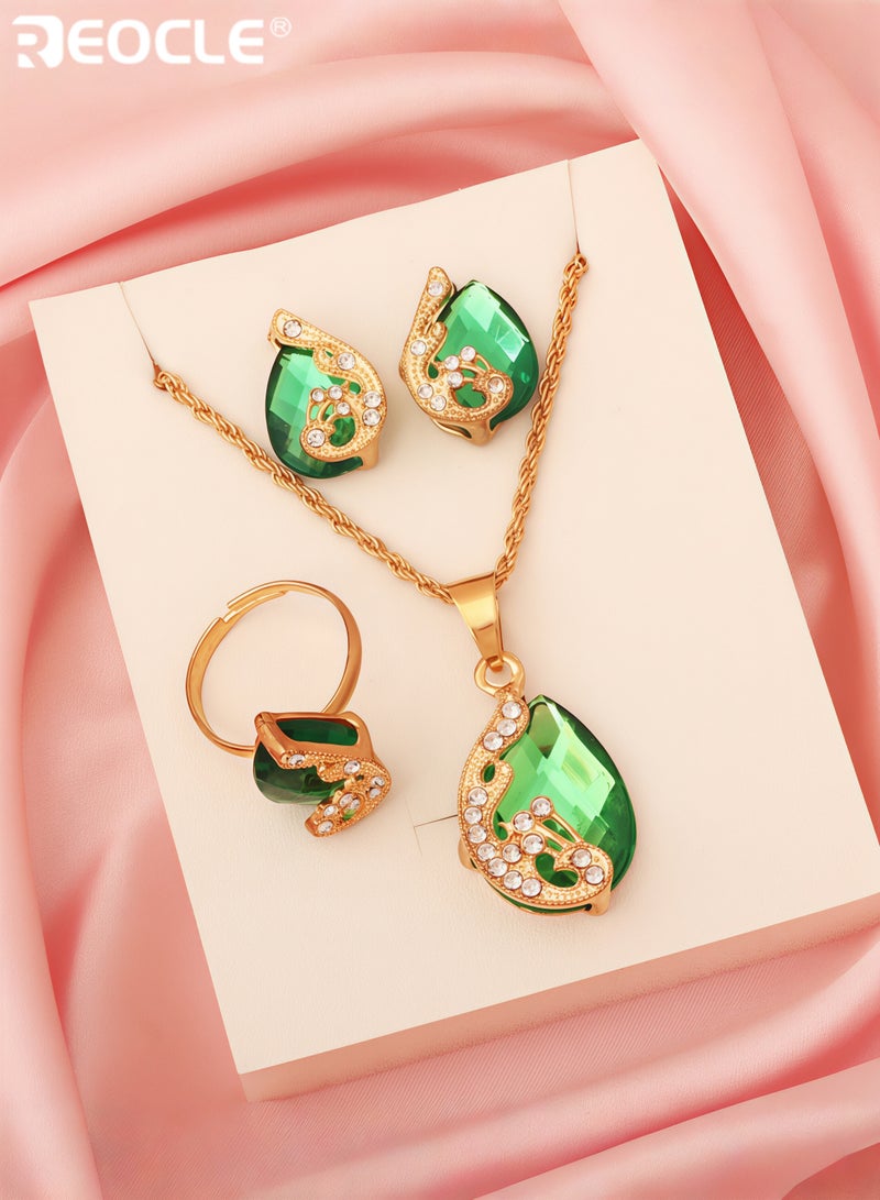 REOCLE 3 Pieces Women's Elegant Necklace Set Peacock Waterdrop Rhinestone Pendant Necklace & Crystal Peacock Pattern Earrings & Peacock Pattern Ring Jewelry - Image 2