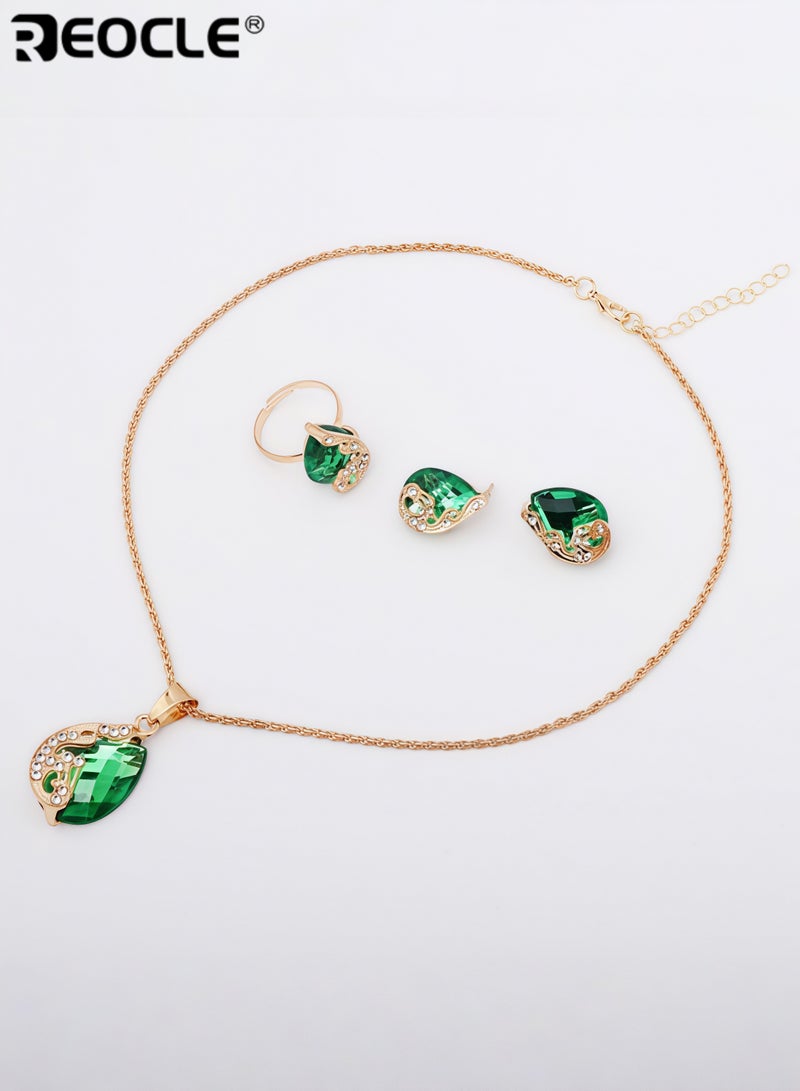 REOCLE 3 Pieces Women's Elegant Necklace Set Peacock Waterdrop Rhinestone Pendant Necklace & Crystal Peacock Pattern Earrings & Peacock Pattern Ring Jewelry - Image 5