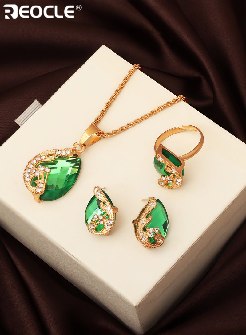 REOCLE 3 Pieces Women's Elegant Necklace Set Peacock Waterdrop Rhinestone Pendant Necklace & Crystal Peacock Pattern Earrings & Peacock Pattern Ring Jewelry - Image 4