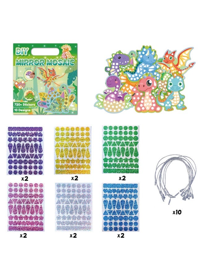 Capstro Mirror Mosaic Sticker Art Kit – Dinosaur Theme | 10 Pattern Cards, 12 Laser Mirror Stickers & 10 Lanyards | DIY Shiny Mosaic Craft for Kids Age 4+ | Creative Prehistoric Art Activity for Boys & Girls - Image 2