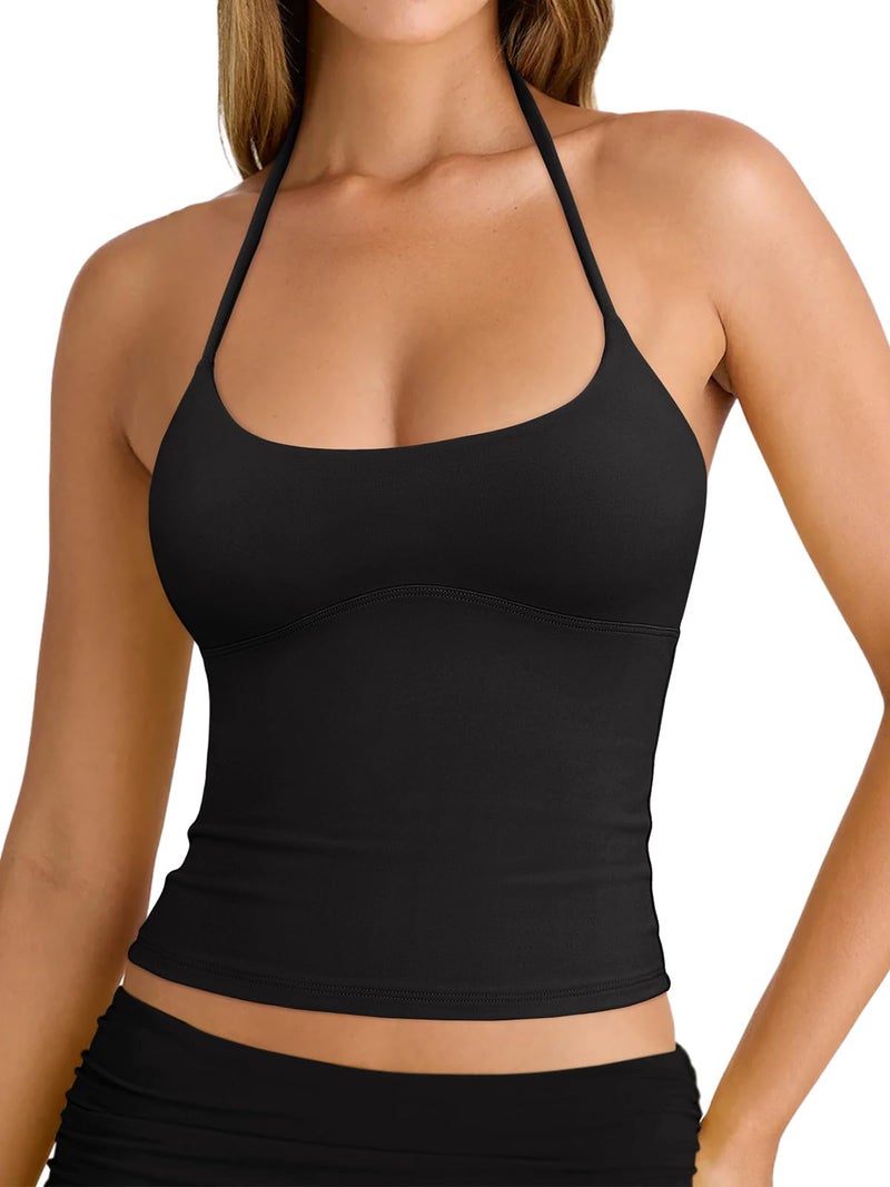 REORIA Women's Sexy Halter Open Back Double Lined Cami Shirt Going Out Y2k Trendy Sleeveless Yoga Crop Tops Clothes for Teen Girls Night Out Black X-Small - Image 1