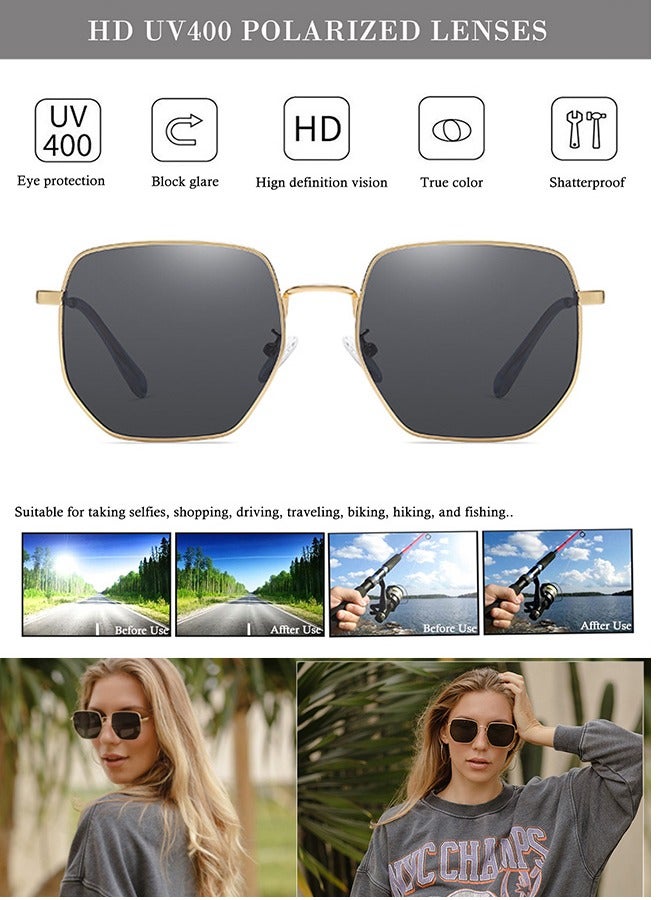 AZorb Polarized Sunglasses Men Women Hexagonal Large Metal Frame Men's Sun Glassess Polygonal Mens Sunglass for Ladies Classic Square Eyewear Trendy UV400 Protection Shades - Image 4