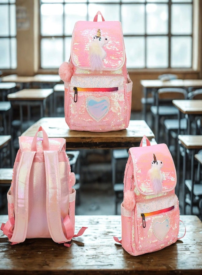 ADSON Reversible Holographic Sequin Sequence Unicorn School Backpack Bag for Girls (Metallic Pink) - Image 2