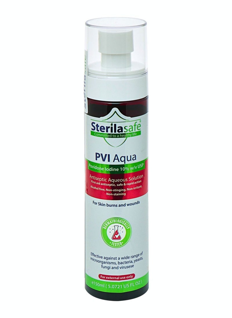 Sterilasafe PVI Aqua Antiseptic Aqueous Solution Povidone Iodine 10% Prep Solution USP 150 ml - Image 1