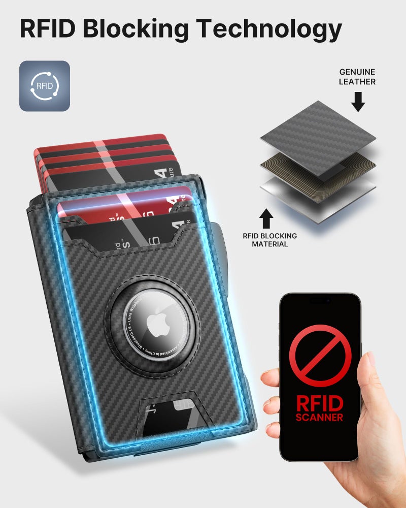 typecase AirTag Wallet for Men: Pop Up Card Case, Secure Holder for Apple Air Tag, Premium Leather, Smart, RFID Blocking, Slim, Minimalist, 13 Cards Capacitiy | ID Window | Money Clip (Carbon Fiber) - Image 3