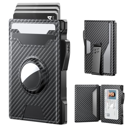 typecase AirTag Wallet for Men: Pop Up Card Case, Secure Holder for Apple Air Tag, Premium Leather, Smart, RFID Blocking, Slim, Minimalist, 13 Cards Capacitiy | ID Window | Money Clip (Carbon Fiber) - Image 1