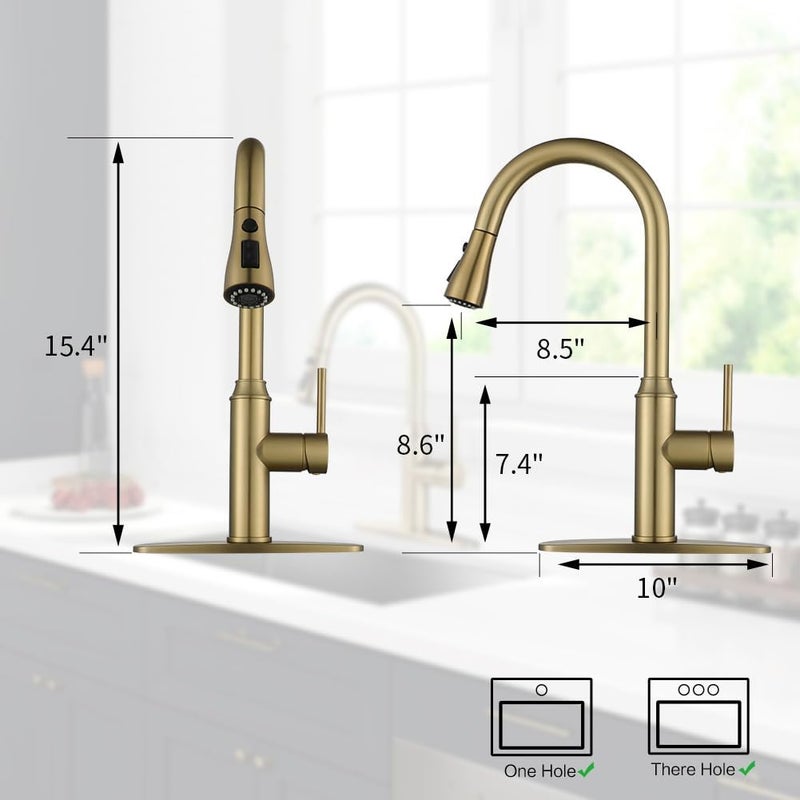 Arofa Gold Kitchen Faucet with Sprayer,Single Handle Kitchen Sink Faucet with Pull Out Sprayer, Champagne Bronze, Brushed Gold Brass Faucets for RV/Outdoor/Laundry Sink - Image 2