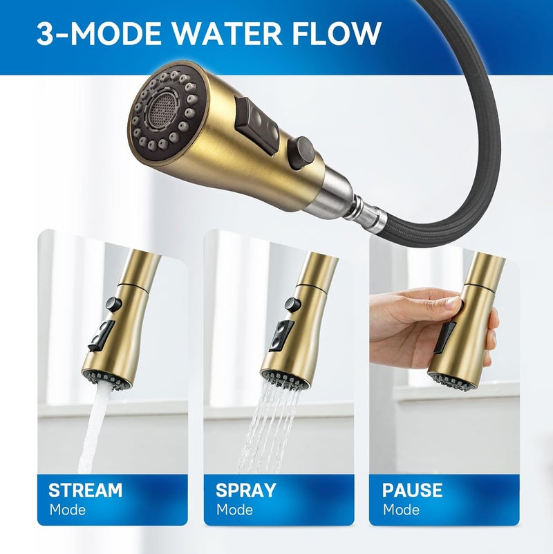 Arofa Gold Kitchen Faucet with Sprayer,Single Handle Kitchen Sink Faucet with Pull Out Sprayer, Champagne Bronze, Brushed Gold Brass Faucets for RV/Outdoor/Laundry Sink - Image 4