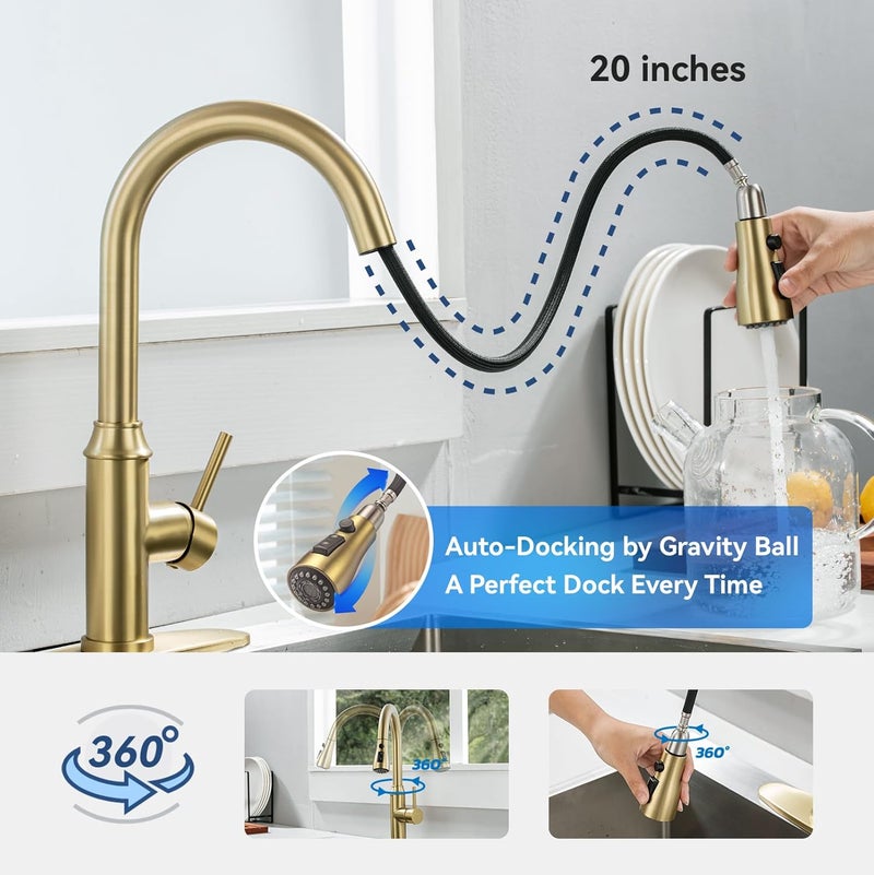 Arofa Gold Kitchen Faucet with Sprayer,Single Handle Kitchen Sink Faucet with Pull Out Sprayer, Champagne Bronze, Brushed Gold Brass Faucets for RV/Outdoor/Laundry Sink - Image 5