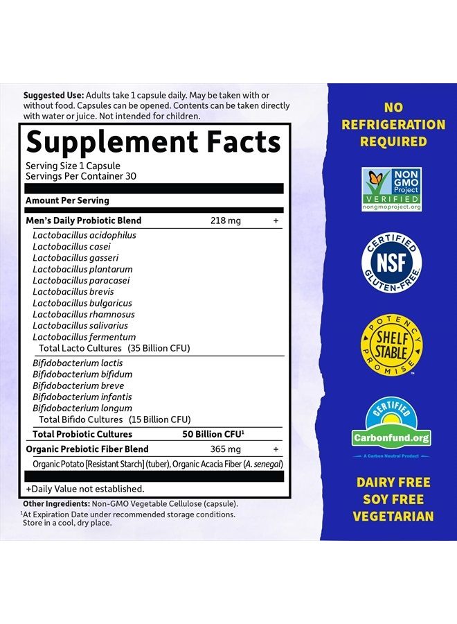 Garden of Life Probiotics for Men Dr Formulated 50 Billion CFU 15 Probiotics + Organic Prebiotic Fiber for Digestive, Colon & Immune Support, Daily Gas Relief, Dairy Free, Shelf Stable, 30 Capsules - Image 4