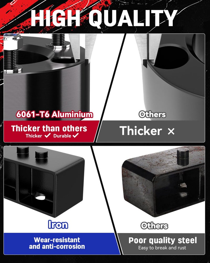 Richeer 3"F + 3"R Leveling Lift Kit for 2004-2020 F150, 3" Front Strut Spacers and 3" Rear Black Leveling Lift Block Kit Extended Square U-Bolts, 3"+3" Height for 2004-2020 F150 2WD 4WD - Image 4