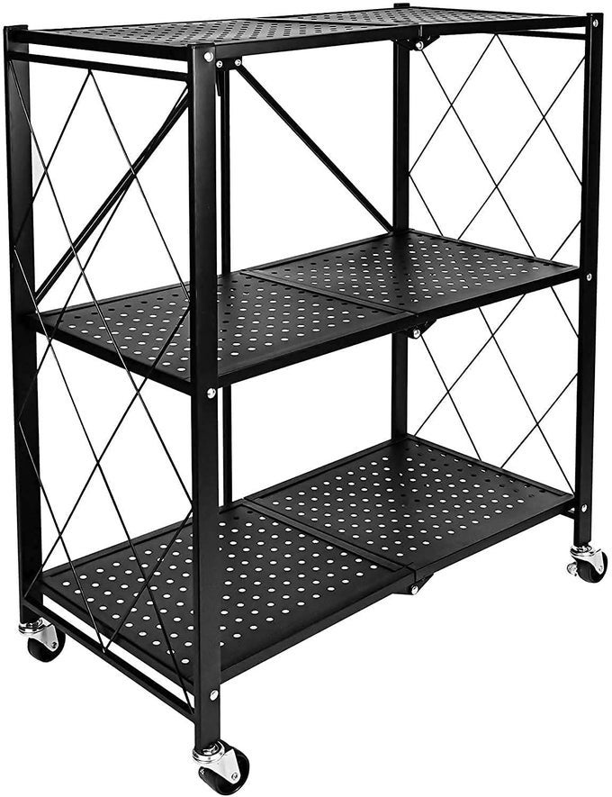 METAL KITCHEN ROLLING MICROWAVE TABLE ON WHEELS FOLDABLE ROLLING STORAGE TABLE WITH WHEELS METAL STORAGE RACK 3 LAYER KITCHEN FOLDING UTILITY MICROWAVE OVEN STAND BKLACK COLOR