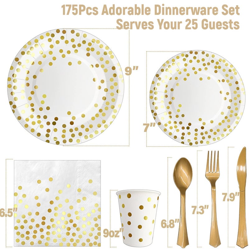 AIRE 175PCS White and Gold Paper Plates Party Supplies for 25 Guests Disposable Party Decorations Dinnerware Golden Dot Paper Plates Napkins Cups Gold Plastic Forks Knives Spoons for Wedding Birthday - Image 2
