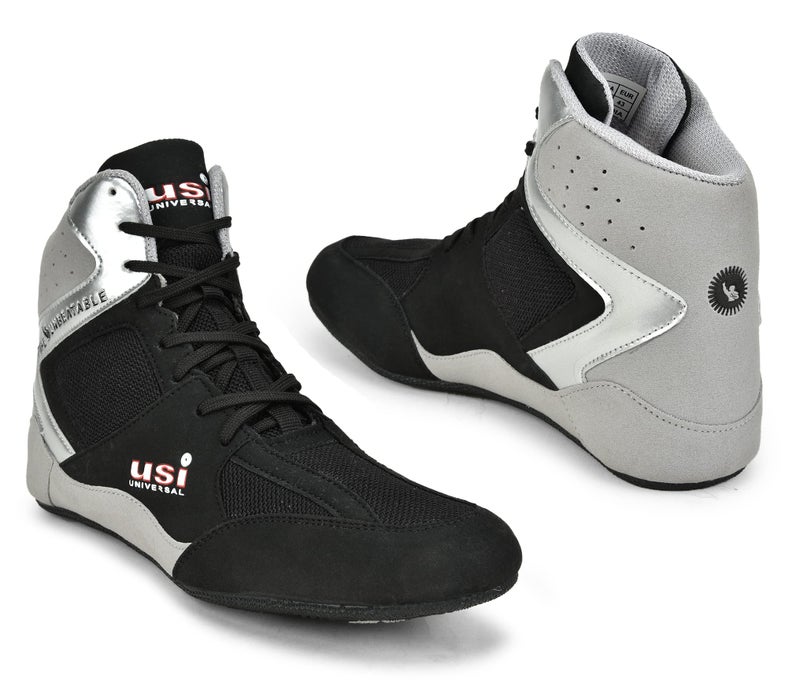 USI UNIVERSAL 701WBG Comferto Black/Grey Sports Shoes for Wrestlers for Men & Women with Pu Suede, Mesh & Rubber Construction (6 UK/Ind) - Image 1