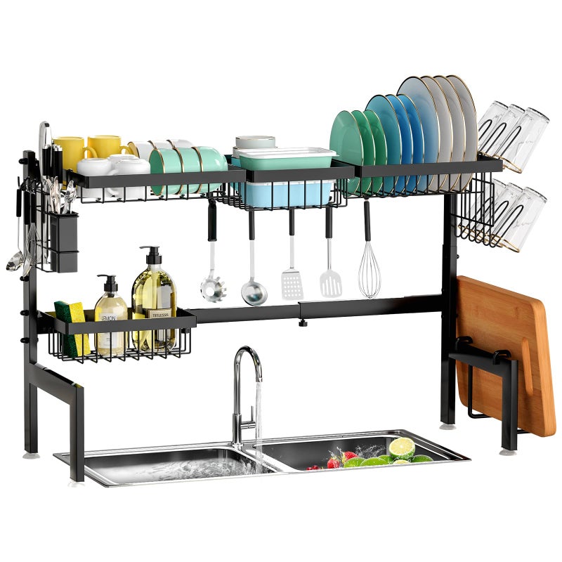 HOWDIA Over The Sink Dish Drying Rack,Expandable 2-Tier Stainless Steel Over The Sink Dish Rack with Utensil Holder Dish Drainers for Kitchen Counter - Image 1