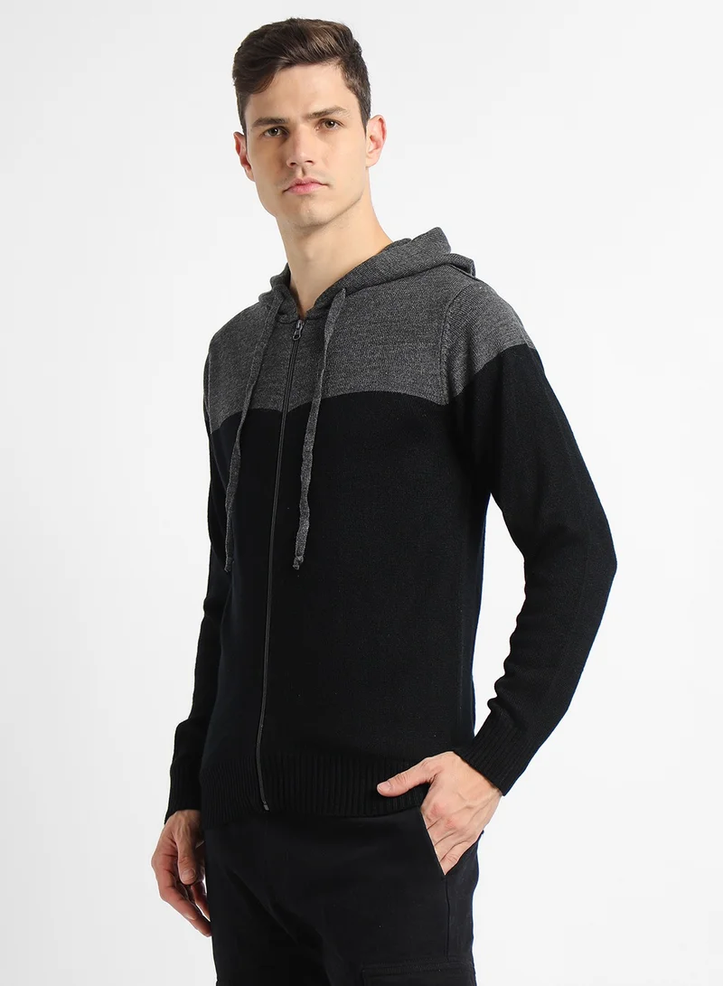 Dennis Lingo Anthra Mel Regular Fit Sweater for Men - 100% Acrylic, Colourblocked, Hooded, Full Sleeves, Casual
