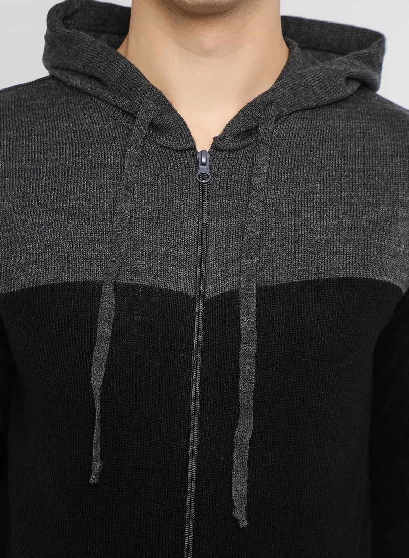 Dennis Lingo Anthra Mel Regular Fit Sweater for Men - 100% Acrylic, Colourblocked, Hooded, Full Sleeves, Casual