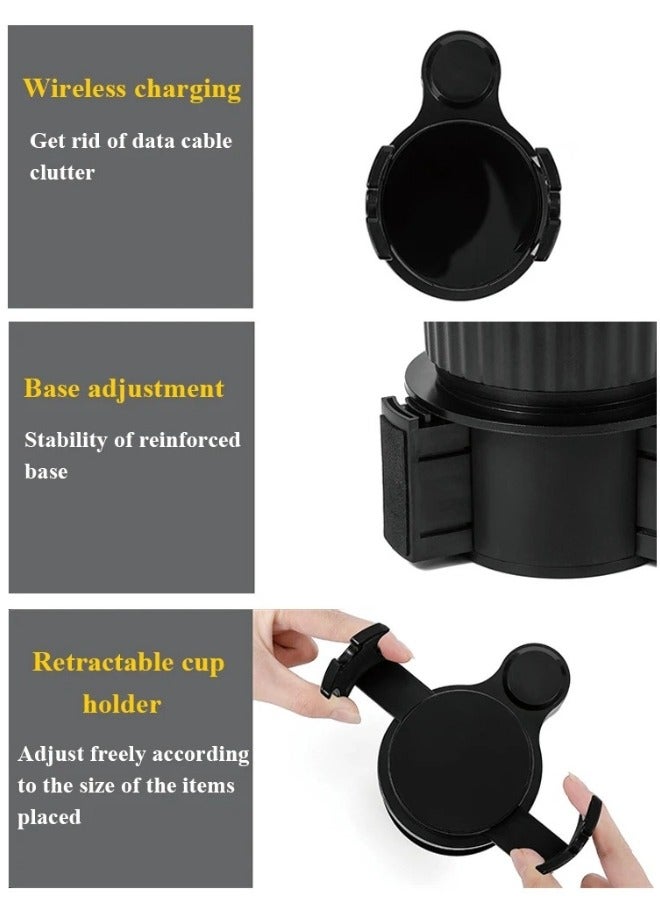 3 in 1 Car Cup Holder for Bottles and Drinks with Adjustable Wireless Charger Base - Black - Image 5