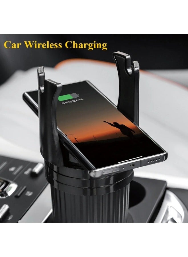 3 in 1 Car Cup Holder for Bottles and Drinks with Adjustable Wireless Charger Base - Black - Image 3