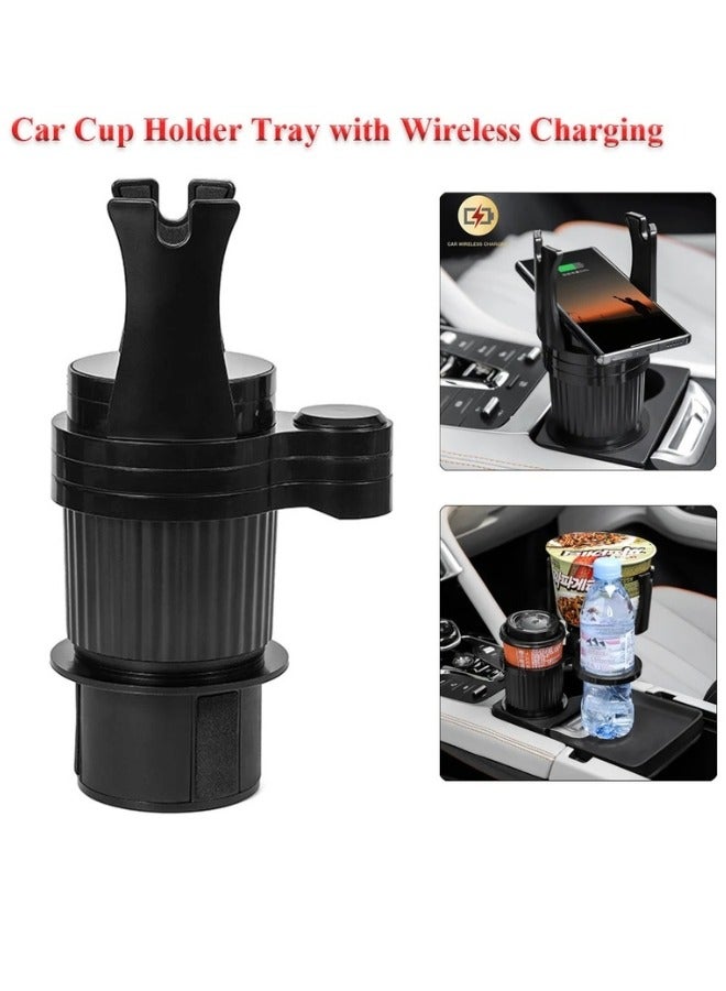 3 in 1 Car Cup Holder for Bottles and Drinks with Adjustable Wireless Charger Base - Black - Image 2