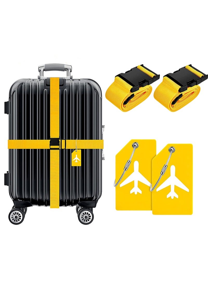 Aikanbo 4 Pack Luggage Straps Suitcase Tags Set，Travel Adjustable Suitcase Straps Silicone Luggage Tags with Name ID Card Men Women Travel Accessories（Yellow） - Image 1