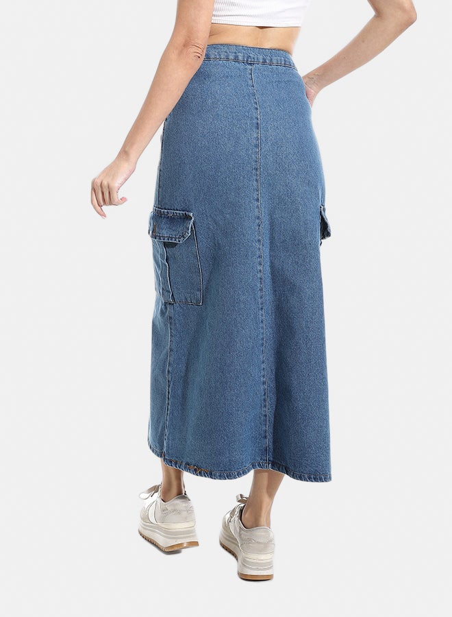 Andora Maxi Slim One Button Closure Denim Skirt - Blue_Blue - Image 3