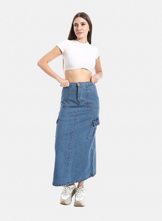 Andora Maxi Slim One Button Closure Denim Skirt - Blue_Blue - Image 5