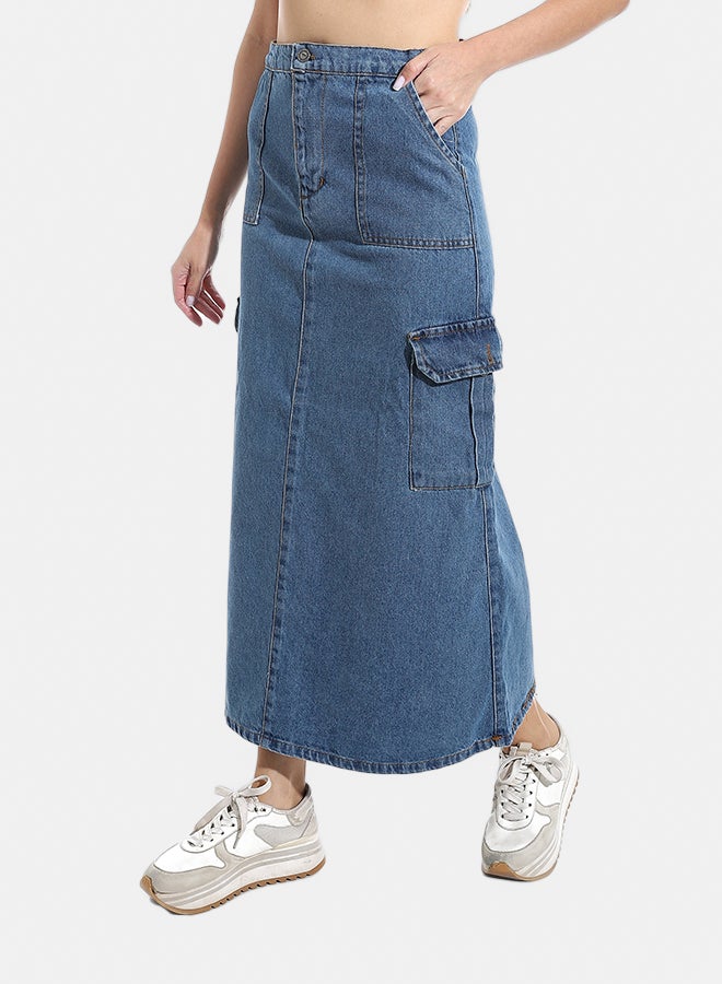 Andora Maxi Slim One Button Closure Denim Skirt - Blue_Blue - Image 2