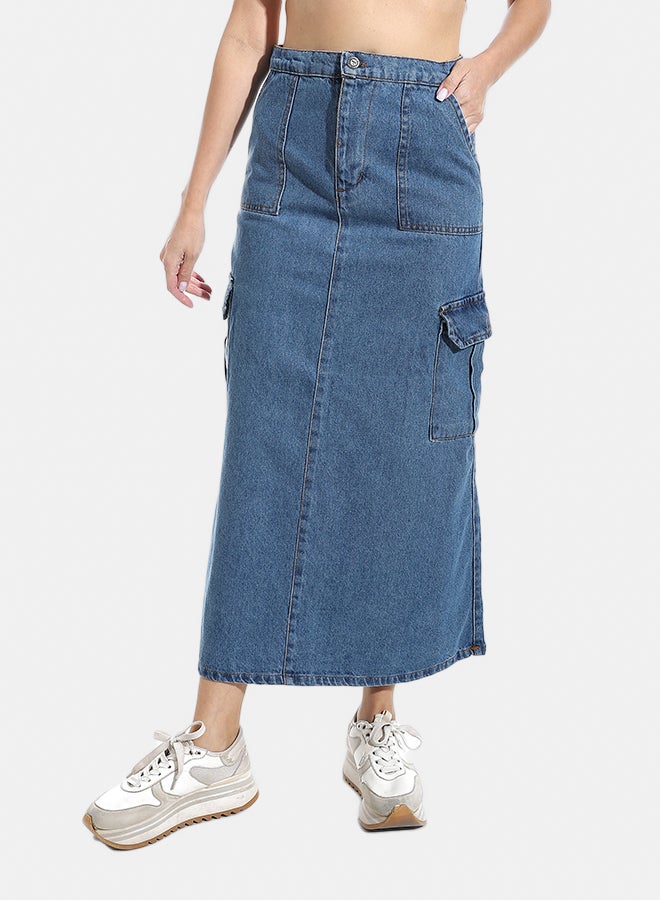 Andora Maxi Slim One Button Closure Denim Skirt - Blue_Blue - Image 1