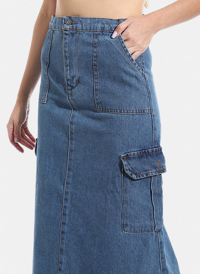 Andora Maxi Slim One Button Closure Denim Skirt - Blue_Blue - Image 4