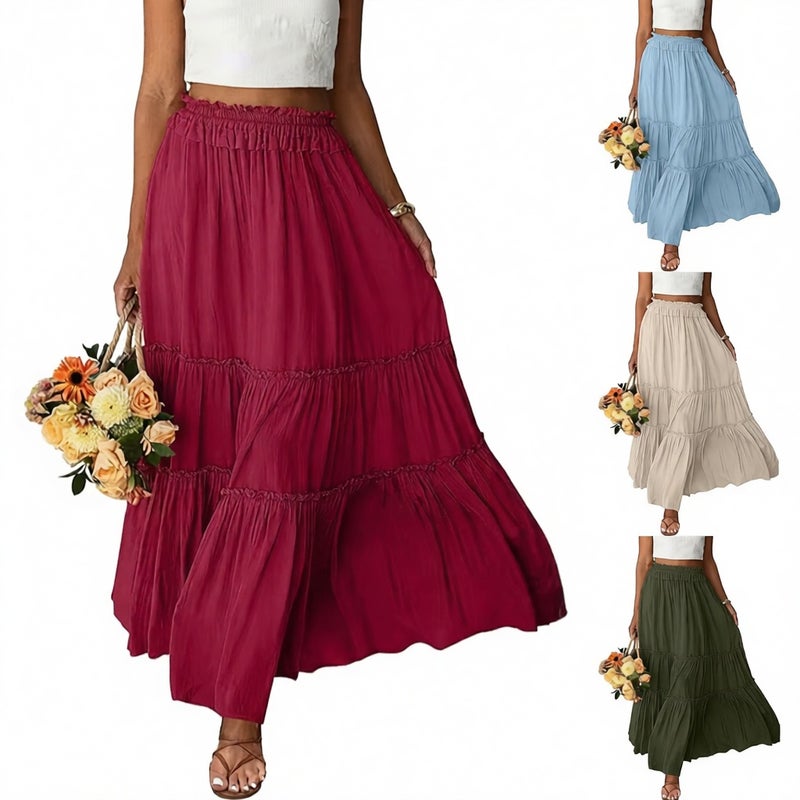 Women's Vacation Cake Midi Skirt with Ruffle Elastic Waist Long Skirt