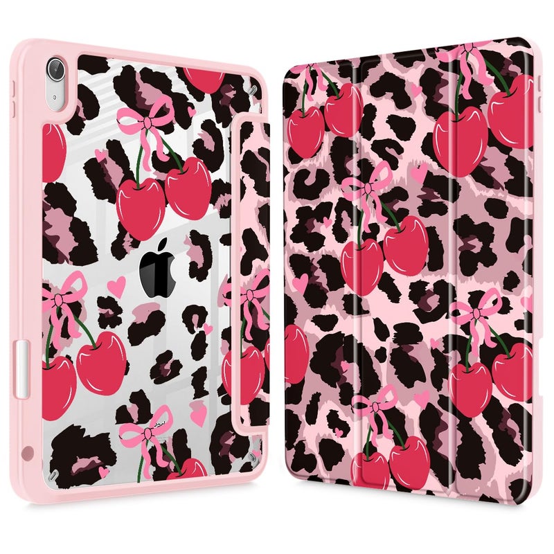 Mektron Case for 2025 iPad 11 inch (A16 Chip) 11th Gen Fit iPad 10th Gen 10.9 inch 2022, Buit in Pencil Holder with Shockproof Cover Clear Shell + Trifold Stand, Cherry & Cheetah - Image 1