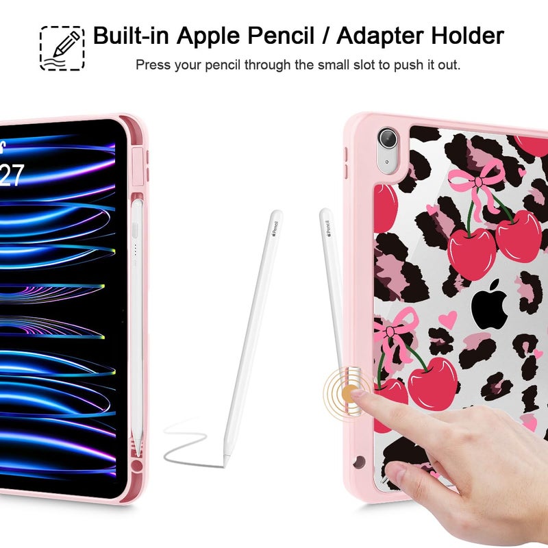 Mektron Case for 2025 iPad 11 inch (A16 Chip) 11th Gen Fit iPad 10th Gen 10.9 inch 2022, Buit in Pencil Holder with Shockproof Cover Clear Shell + Trifold Stand, Cherry & Cheetah - Image 5