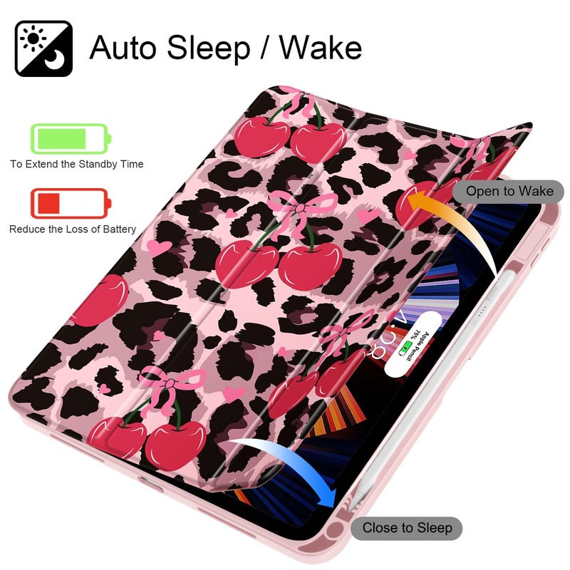 Mektron Case for 2025 iPad 11 inch (A16 Chip) 11th Gen Fit iPad 10th Gen 10.9 inch 2022, Buit in Pencil Holder with Shockproof Cover Clear Shell + Trifold Stand, Cherry & Cheetah - Image 3