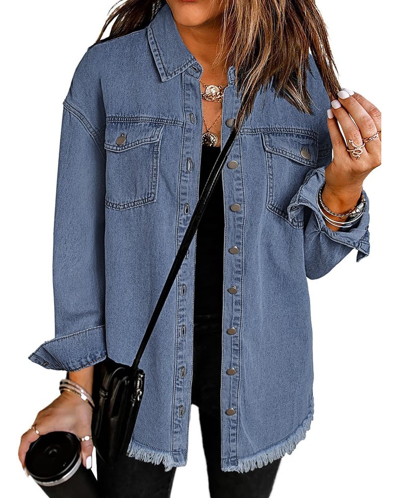 Vetinee Oversized Boyfriend Denim Jean Jacket with Buttons and Raw Hem Pockets - Blue, Size Medium 8-10 - Image 1