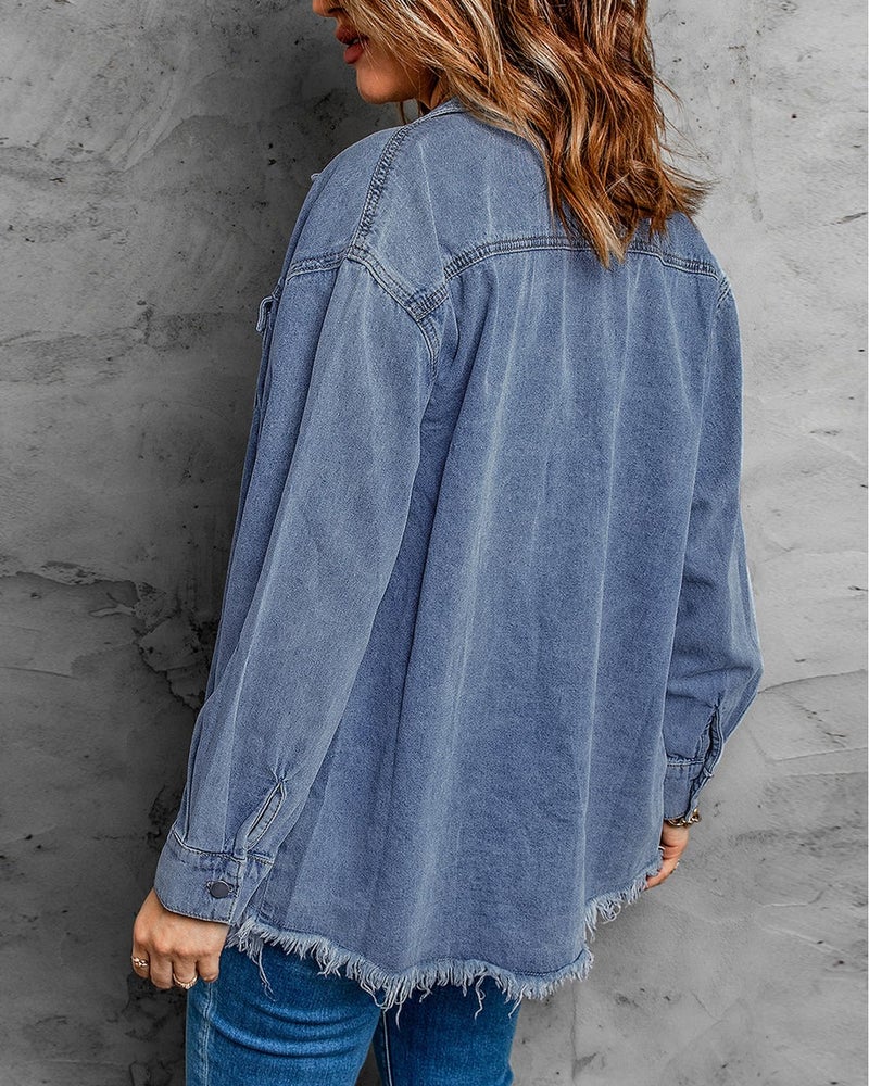 Vetinee Oversized Boyfriend Denim Jean Jacket with Buttons and Raw Hem Pockets - Blue, Size Medium 8-10 - Image 3