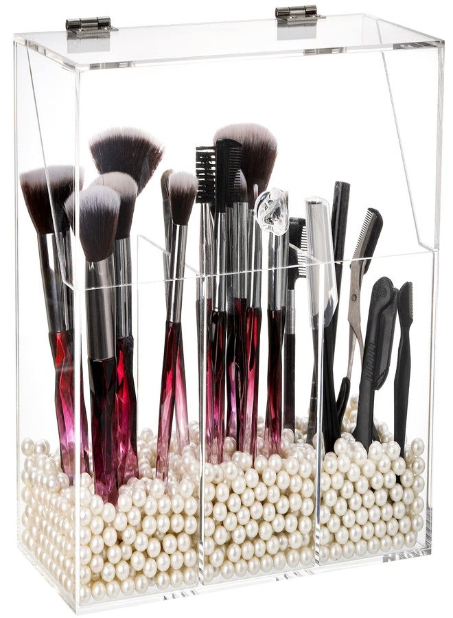 Okllen Makeup Brush Holder with Dustproof Lid, White Pearls, Acrylic Clear Makeup Brush Organizer with 3 Compartment, Large Cosmetic Brush Storage Box Case for Vanity, Bathroom, Bedroom - Image 1