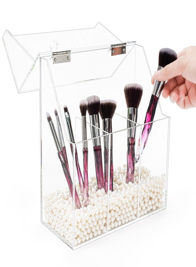 Okllen Makeup Brush Holder with Dustproof Lid, White Pearls, Acrylic Clear Makeup Brush Organizer with 3 Compartment, Large Cosmetic Brush Storage Box Case for Vanity, Bathroom, Bedroom - Image 4