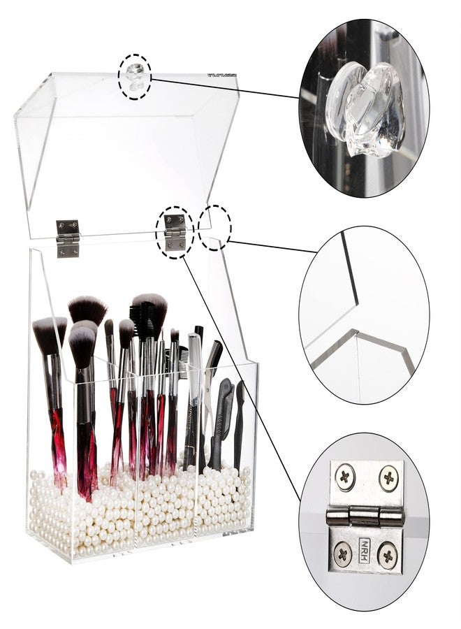 Okllen Makeup Brush Holder with Dustproof Lid, White Pearls, Acrylic Clear Makeup Brush Organizer with 3 Compartment, Large Cosmetic Brush Storage Box Case for Vanity, Bathroom, Bedroom - Image 3