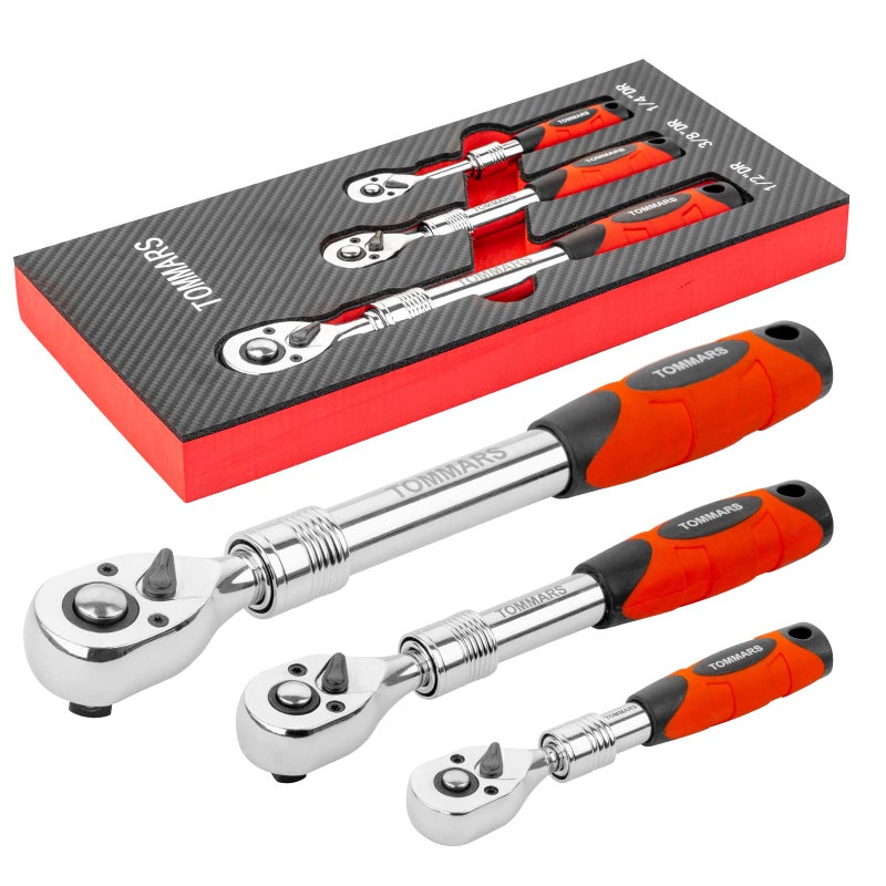 TOMMARS Extendable Ratchet Wrench Set, 1/4" 3/8" 1/2" Drive 72-Tooth Quick-release Retractable Socket Wrench Reversible Gift for Men Mechanic Hand Tools - Image 1